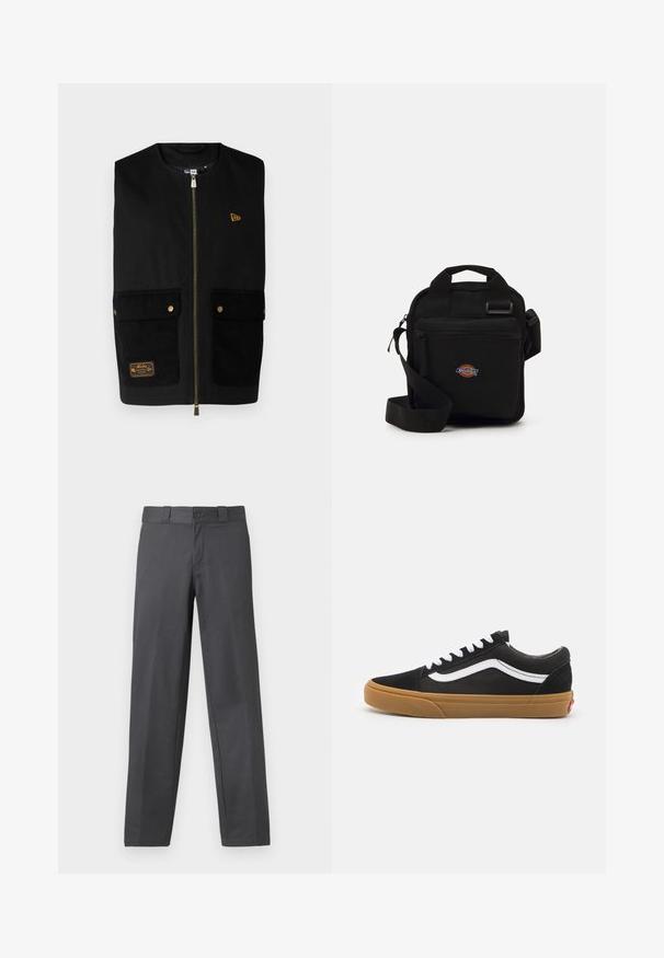 New Era UTILITY VEST - Γιλέκο - black; Ανοιχτού γκρι φούτερ φτιαγμένο από μαλακό ύφασμα, με στρογγυλή λαιμόκοψη, μακριά μανίκια και ριμπ μανσέτες και στρίφωμα. Μινιμαλιστικός σχεδιασμός χωρίς σχέδια.; Γκρι παντελόνι φτιαγμένο από λείο ύφασμα, με ευθεία γραμμή, κλείσιμο με κουμπί και θηλιές ζώνης; ελάχιστες ραφές και χωρίς μοτίβα.; Μαύρα σουέτ αθλητικά παπούτσια με λευκή πλευρική γραμμή, λευκές κορδόνες και σόλα από καουτσούκ γκόλφ. Κλασικός σχεδιασμός low-top με υφασμάτινες λεπτομέρειες και στρογγυλή μύτη.; Μαύρη χιαστί τσάντα με κλείσιμο φερμουάρ, ορθογώνιο σχήμα, κατασκευασμένη από ύφασμα, με λογότυπο στην μπροστινή πλευρά, ρυθμιζόμενο λουρί ώμου.