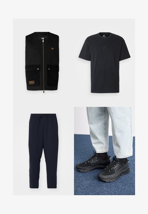New Era UTILITY VEST - Vest - black; Nike svart bomull T-skjorte med klassisk rund hals, korte ermer, og en subtil, preget logo på brystet. Glatt tekstur.; Marine joggebukser laget av myk stoff, med elastisk linning og snor, smalere ben og sidelommer.; Svarte sportssko med teksturert stoff og gummisåler, med elastiske lisser og en blå detalj på hælen. Brukt med lyse denimbukser.