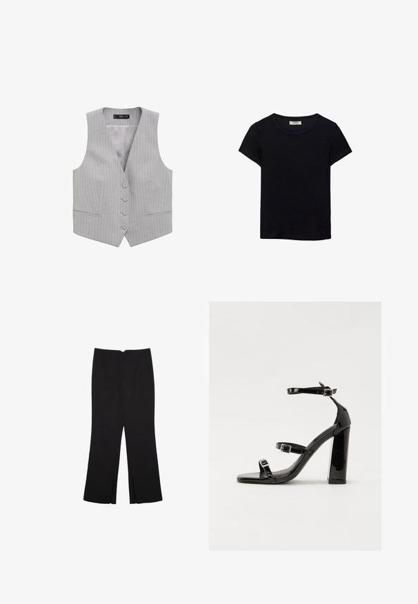 Sivý pruhovaný vest s V-výstrihom, piatimi prednými gombíkmi a dvoma prednými vreckami; vyrobený z hladkej tkaniny s jemnou textúrou.; Čierne tričko s krátkym rukávom vyrobené z jemného materiálu. Má klasický okrúhly výstrih a voľný strih. Bez vzorov alebo akcentov.; Čierne nohavice so strihom rovného strihu, s prednými vreckami a bočnými rozparkami na leme. Vyrobené z mäkkej, hladkej tkaniny. Vhodné na rôzne príležitosti.; Čierne lakované sandále na podpätku so štvorcovou špičkou, navlečenými remienkami okolo členku a striebornými prackami. Disponujú masívnym blokovým podpätkom pre stabilitu.