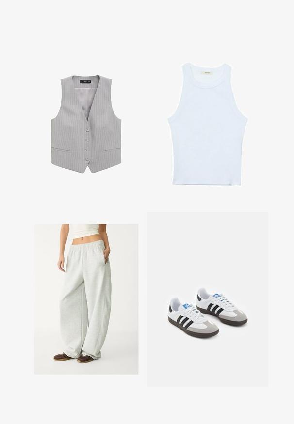 Harmaa raidoitettu liivi, jossa on V-pääntie, viisi etunappia ja kaksi etutaskua; valmistettu sileästä kankaasta, jossa on kevyt rakenne.; Valkoinen hihaton toppi, ribbed rakenne, pyöreä pääntie, hihaton malli, tiukka muoto, hillitty brändäys kauluksella sisäpuolella.; Vaaleat harmaat collegehousut, joissa on joustava vyötärö, sivutaskut ja löysä istuvuus. Valmistettu pehmeästä, tekstuurilla varustetusta kankaasta; sisältää hienovaraisia saumoja.; Urheilukengät, joissa on valkoinen nahkainen päällinen, harmaa mokkanokka ja kolme mustaa raitaa. Ominaisuuksina sininen logo kielekkeessä ja kuvioitu kumipohja.