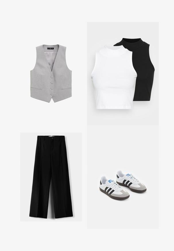 Graham gestreifter Weste mit V-Ausschnitt, fünf vorderen Knöpfen und zwei vorderen Taschen; hergestellt aus einem glatten Stoff mit einer leichten Textur.; Zwei ärmellose, gerippte Rollkragenoberteile in Schwarz und Weiß, mit einer figurbetonten Passform und glatter Textur sowie einer cropped Länge.; Schwarze weite Hosen aus leichtem Stoff, mit einem Knopfverschluss vorne und flachem Bund, mit sorgfältig genähten Säumen.; Sportschuhe mit einem Obermaterial aus weißem Leder, grauer Wildleder-Zehenkappe und drei schwarzen Streifen. Sie verfügen über ein blaues Logo auf der Zunge und eine strukturierte Gummisohle.