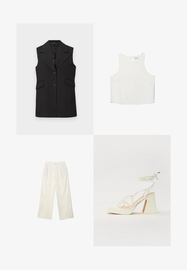 Crni bezrukavnik s oštrim ovratnikom, dva gumba i dva prednja džepa. Napravljen od glatkog materijala s krojem koji pristaje.; Bijela bezrukavna majica s okruglim izrezom, koja ima suptilnu teksturu, detalj u obliku ključa na leđima i ravni rub.; Hlače širokih nogavica od kremaste tkanine s glatkom teksturom, s jednim prednjim gumbom, suptilnim plitvicama i visokim strukom.; Bijela sandala na visokoj potpetici s debelim petom, s remenom i vezanjem oko gležnja. Glatka tekstura s platformom sprijeda za dodatnu visinu.