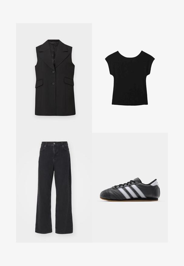 Schwarze ärmellose Weste mit scharfer Kragen, zwei Knöpfen und zwei Vordertaschen. Hergestellt aus glattem Stoff mit taillierter Passform.; Schwarzes Kurzarmoberteil mit weit ausgeschnittener Halslinie und lockerer Passform. Hergestellt aus weichem Stoff ohne sichtbare Muster oder Verzierungen.; Schwarze Denim-Jeans mit weitem Bein und hoher Taille, fünf Taschen und Reißverschluss. Glatte Textur mit minimal sichtbaren Nähdetails.; Schwarzer Sportschuh aus Leder mit weißen Streifen, runder Spitze, flacher Sohle und Schnürverschluss. Besitzt Perforationen für Atmungsaktivität.