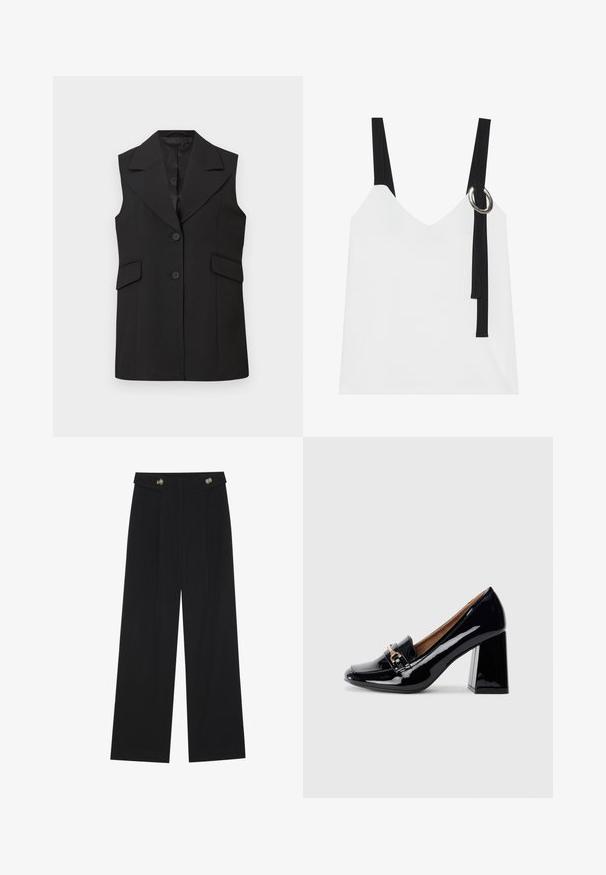 Juodas be rankovių liemenė su ryškiu apykakle, dviem mygtukais ir dviem priekinėmis kišenėmis. Pagaminta iš lygaus audinio su pritaikyta forma.; Balta be rankovių palaidinė su V formos iškirpte, su juodomis petnešomis ir sidabriniu žiedu. Sklandus audinys ir modernus, minimalistinis dizainas.; Juodi plačios kojos kelnės su aukštu liemeniu, sagų detalėmis ant liemens ir priekinėmis raukšlėmis.; Juodas lakinės odos aukštakulnis batas su smailiu nosiu ir blokiniu kulnu. Papuoštas dekoratyviniu dirželiu ir sagtimi ant bato priekinės dalies.