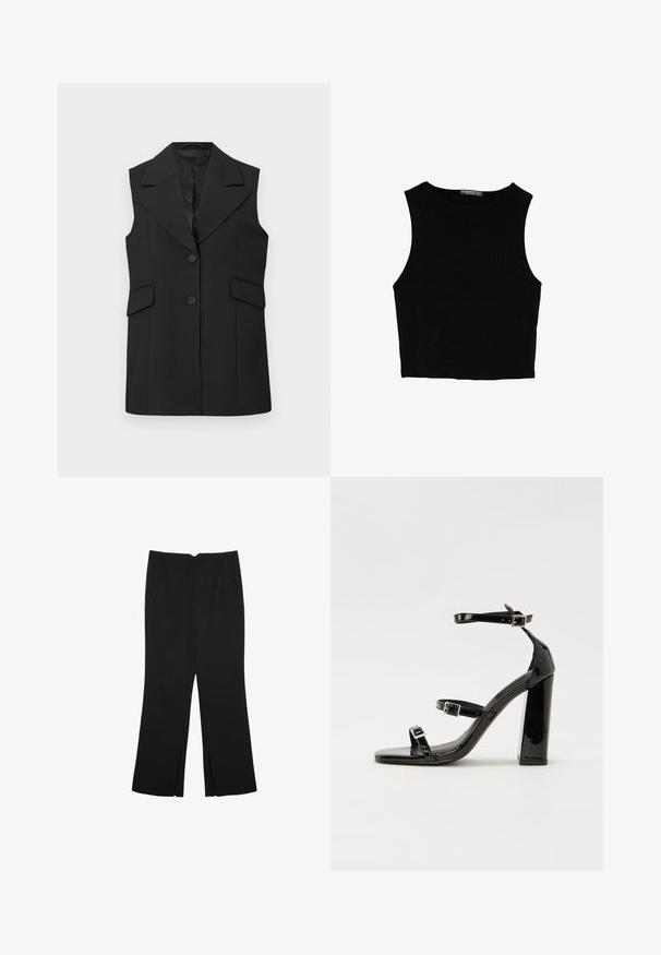 Černá bezrukávová vesta s ostrým límcem, se dvěma knoflíky a dvěma předními kapsami. Vyrobena z hladkého materiálu s přiléhavým střihem.; Černý bezsleeve crop top vyrobený z hladké tkaniny, s kulatým výstřihem a čistým, jednoduchým designem bez vzorů nebo kovových doplňků.; Černé kalhoty s rovným střihem, s předními kapsami a bočními rozparky na lemu. Vyrobené z jemné, hladké tkaniny. Vhodné na různé příležitosti.; Černé lakované sandály na podpatku se čtveratou špičkou, lýtkovými pásky a stříbrnými přezkami. Disponují masivním blokovým podpatkem pro stabilitu.