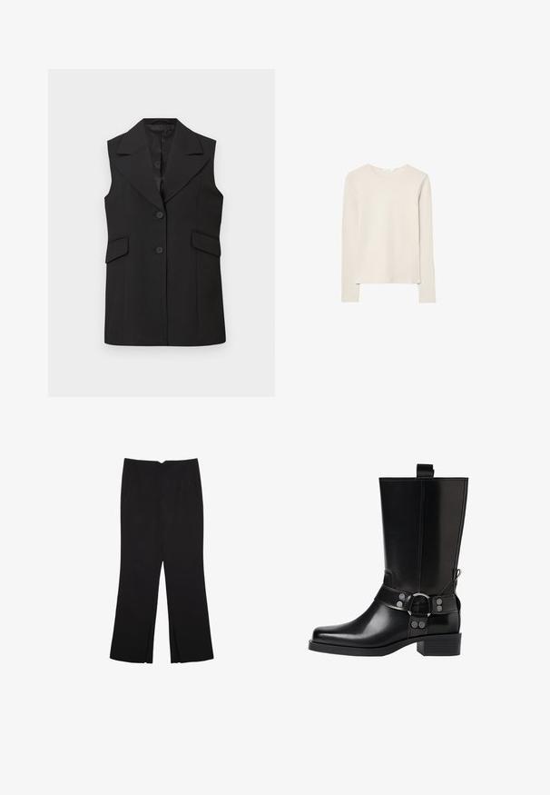 Crni bezrukavnik s oštrim ovratnikom, dva gumba i dva prednja džepa. Napravljen od glatkog materijala s krojem koji pristaje.; Svijetlo bež majica dugih rukava napravljena od mekanog materijala, s okruglim izrezom i opuštenim krojem s ravnim rubom i minimalnim detaljima šivanja.; Crne hlače ravnog kroja, s prednjim džepovima i bočnim prorezima na rubu. Izrađene od mekog i glatkog materijala. Pogodne za razne prigode.; Crne kožne čizmice do koljena s šiljastim prstima, sličnim srebrnim kopčama i debelim potplatima. Imaju rupicu za lakše oblačenje.