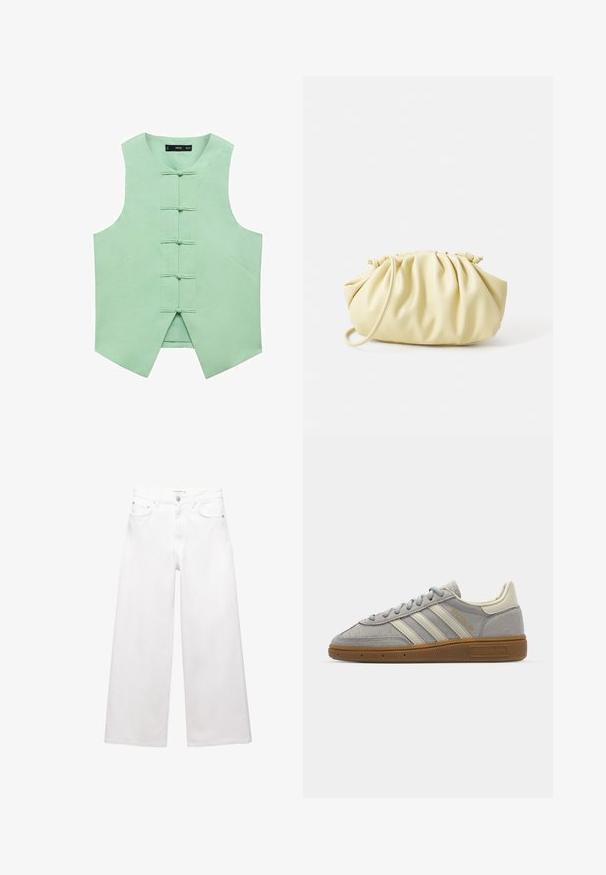 Miętowozielony bezrękawnik z wysokim kołnierzem, wyposażony w pięć zapięć na przodzie i kątem bocznych szwów, co zapewnia dopasowany wygląd. Gładki, tkany materiał.; Szary top peplum o strukturalnym, bezrękawnikowym fasonie. Wykonany z gładkiego materiału, z pionowymi szwami i prostym dekoltem.; Białe dżinsy o szerokich nogawkach wykonane z bawełny, z wysokim stanem, pięcioma kieszeniami oraz mosiężnymi detalami. Gładka, nieprzetarta faktura.; Szare zamszowe trampki z jasnoszarymi skórzanymi paskami i gumową podeszwą. Wśród cech znajduje się zapięcie na sznurowadła oraz subtelna marka na języku.; Żółta plisowana torebka wykonana z gładkiej sztucznej skóry, charakteryzująca się miękkim kształtem, pojedynczym paskiem na ramię oraz marszczonym designem u góry.