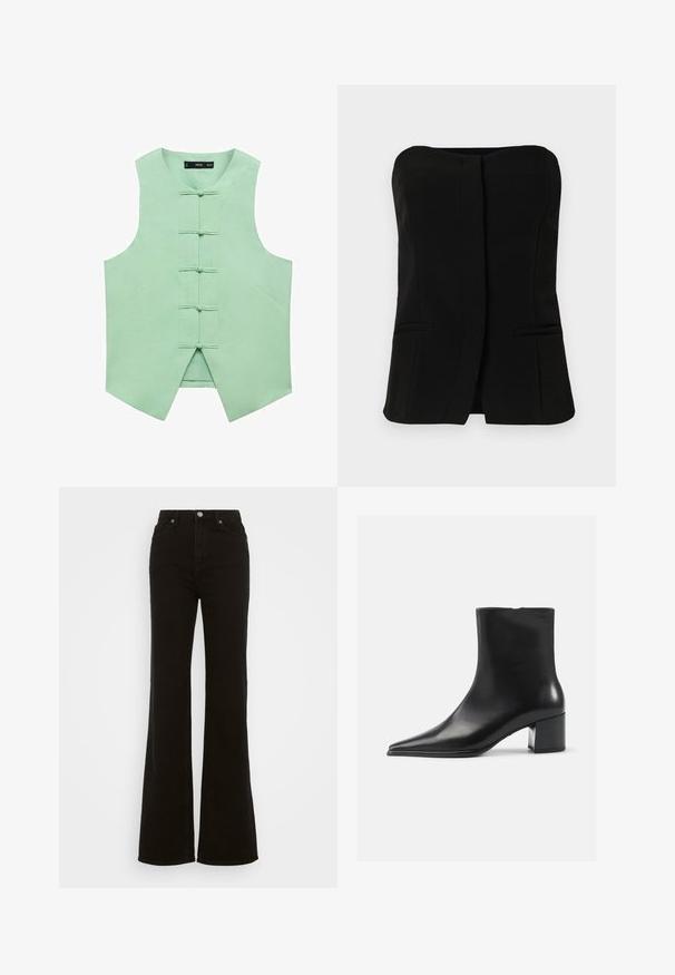 Mátově zelená bezrukávová vesta s vysokým límcem, která má pět předních knoflíků a šikmé boční švy pro upravený vzhled. Hladká, tkaná látka.; Černý bezrukávový top s rovnými výstřihy, přední légou a dvěma skrytými bočními kapsami. Hladká tkanina s dobře padnoucím střihem.; Černé riflové džíny se zvýšeným pasem a rozšířenými nohavicemi, vyrobené z denimu, s knoflíkovým zapínáním, bočními kapsami a hladkým povrchem.; Černá kožená kotníková bota s špičatou špičkou, hladkým povrchem a středním blokovým podpatkem. Minimalistický design, zapínání na zip na zadní straně.