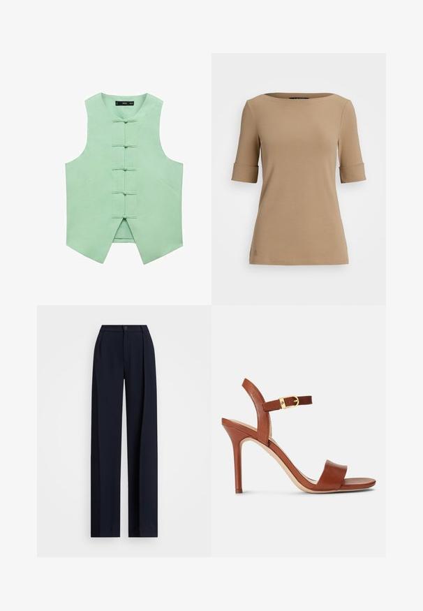 Mintgrüner ärmelloser Weste mit hohem Kragen, ausgestattet mit fünf vorderen Knöpfen und schrägen Seitennähten für einen maßgeschneiderten Look. Glattes, gewebtes Material.; Beige Kurzarmtop mit einem runden Halsausschnitt, ausgestattet mit umgeschlagenen Ärmelenden und einer glatten Textur. Kleines Logo-Detail nahe dem Saum.; Marineblaue weit geschnittene Hose mit Falten, Knopfverschluss und glatter Stofftextur. Entworfen für einen lockeren, bequemen Sitz.; Braune Leder-Pump mit hohem Absatz und schlankem Design, verstellbarem Knöchelriemen und dezentem goldenen Schnallenakzent. Offen und mit glatter Textur.