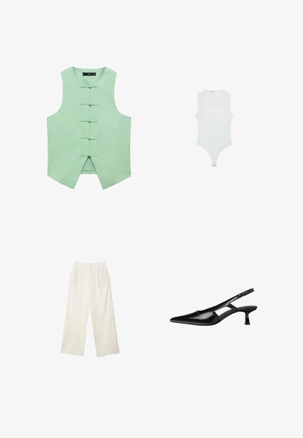 Mint zelena bezrukavna prsluk s visokim ovratnikom, s pet prednjih kopči i kutnim bočnim šavovima za elegantan izgled. Glatka, tkanina od vlakana.; Bijela bodi s kvadratnim izrezom, bez rukava, glatke teksture i kopčanjem na dnu. Jednostavan i minimalistički stil.; Hlače širokih nogavica od kremaste tkanine s glatkom teksturom, s jednim prednjim gumbom, suptilnim plitvicama i visokim strukom.; Crne lakirane natikače na remenčić sa špicastim nosom, dizajnom sa izrezima sa strane i malim kvadratnim potplatom. Glatka tekstura s minimalnim akcentima.