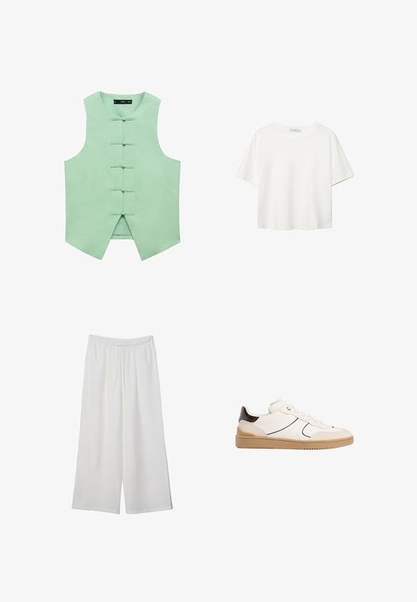 Mintgrüner ärmelloser Weste mit hohem Kragen, ausgestattet mit fünf vorderen Knöpfen und schrägen Seitennähten für einen maßgeschneiderten Look. Glattes, gewebtes Material.; Weißes T-Shirt mit kurzen Ärmeln aus Baumwolle. Hat einen Rundhalsausschnitt und eine lockere Passform. Glatte Textur ohne sichtbare Muster oder Akzente.; Weiße, weit geschnittene Hosen aus leichtem Stoff, mit einem elastischen Bund und einem Zugband für eine verstellbare Passform. Glatte Textur.; Stradivarius Sneaker low - white