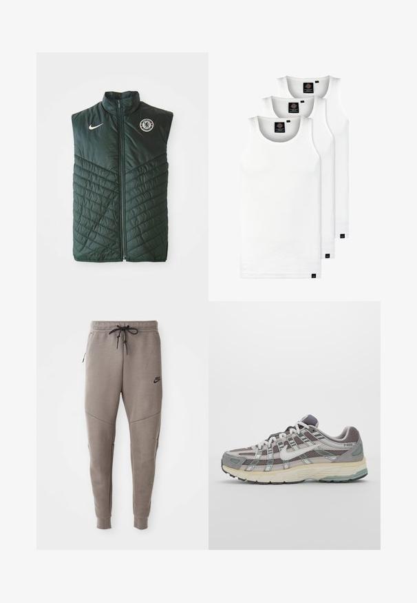 Zaļa polsterēta veste, izgatavota no sintētiska materiāla, ar augstu apkakli, rāvējslēdzēju, diagonālas quiltēšanas rakstu un Chelsea FC logo uz krūts.; Trīs baltas ribotas krūšturi, kas izgatavoti no kokvilnas. Iezīmēti ar apaļu kakla izgriezumu un maziem melniem etiķetēm tuvu apakšmalai. Pieejami vairākos izmēros.; Pelēki Nike sporta bikses ar aukliņu viduklī, sašaurinātiem galiem, sānu kabatām un izteiktām šuvēm. Mīksta, teksturēta auduma.; Pelēkie sporta apavi ar tīkla un zamša augšdaļu, baltiem akcentiem, mīkstinātu zoli un izcilu dizainu ar atstarotājiem.