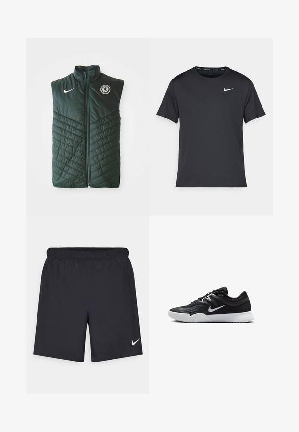 Zelená prošívaná vesta vyrobená ze syntetického materiálu, s vysokým límcem, zipem, šikmým prošívaným vzorem a logem Chelsea FC na hrudi.; Černé běžecké tričko Nike vyrobené z lehkého a prodyšného materiálu, s krátkými rukávy a malým bílým logem na hrudi.; Černé sportovní šortky vyrobené z lehkého materiálu s elastickým pasem. Na spodní levé straně mají malé bílé logo Nike.; Černá atletická bota s texturovaným svrškem, bílým logem Nike a bílou gumovou podrážkou. Disponuje šněrovacím designem a dynamickým tvarem.