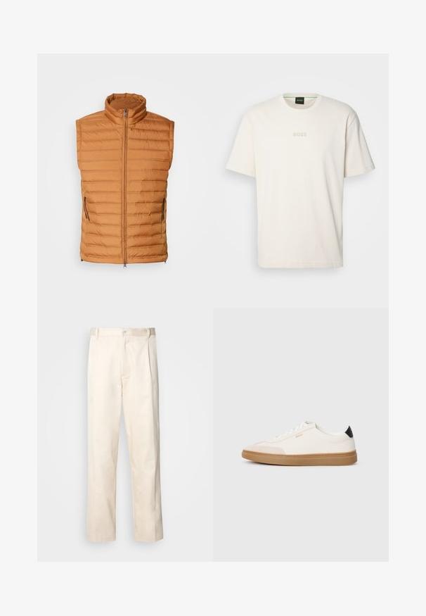 Oranžen puffer jopič z visokim ovratnikom, z vodoravnim kotalim vzorcem, dvema stranskima žepoma na zadrgo in sprednjo zadrgo.; BOSS TEE - Navadna majica - open white; Bež cottone hlače s ravnim krojem, ki imajo gumbasto zapiranje in nabore spredaj za dodatne detajle.; Bele tenisice z bež poudarki, gladek usnjeni zgornji del, okrogla konica in gumijasti podplat, ki vključuje črn petni trak in subtilno označevanje.