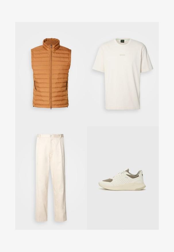 Colete acolchoado laranja com gola alta, apresentando um padrão de costura horizontal, dois bolsos laterais com fecho de correr e um fecho de correr frontal.; BOSS TEE - T-shirt básica - open white; Calças de algodão bege com corte reto, apresentando um fecho de botão e pregas na frente para um detalhe adicional.; Sapatilha atlética branca e bege claro, com parte superior em malha, detalhes perfurados e uma entressola texturizada com marcação no calcanhar.