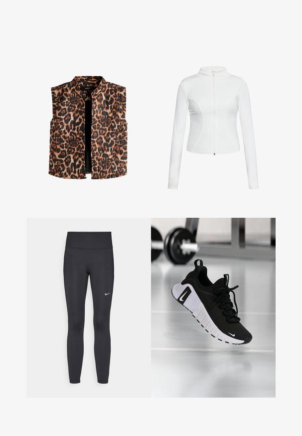 Chaleco sin mangas con estampado de leopardo y cuello mandarín, con tonos de marrón y negro sobre un fondo claro y un dobladillo recto.; Chaqueta blanca con cremallera, de manga larga, textura suave, diseño ajustado y costuras curvas a lo largo de los lados.; Tejido de traje de baño negro con textura suave, tirantes curvados y costuras planas, diseñado para ofrecer comodidad y flexibilidad durante su uso.; Leggings negras de tela elástica, con una cintura alta y un logo blanco de Nike en el muslo izquierdo. Textura suave, diseño ajustado.; Zapatilla deportiva negra con parte superior de tela texturizada, suela blanca y sistema de cordones prominente. Presenta un logo de Nike y un diseño suave y acolchado.