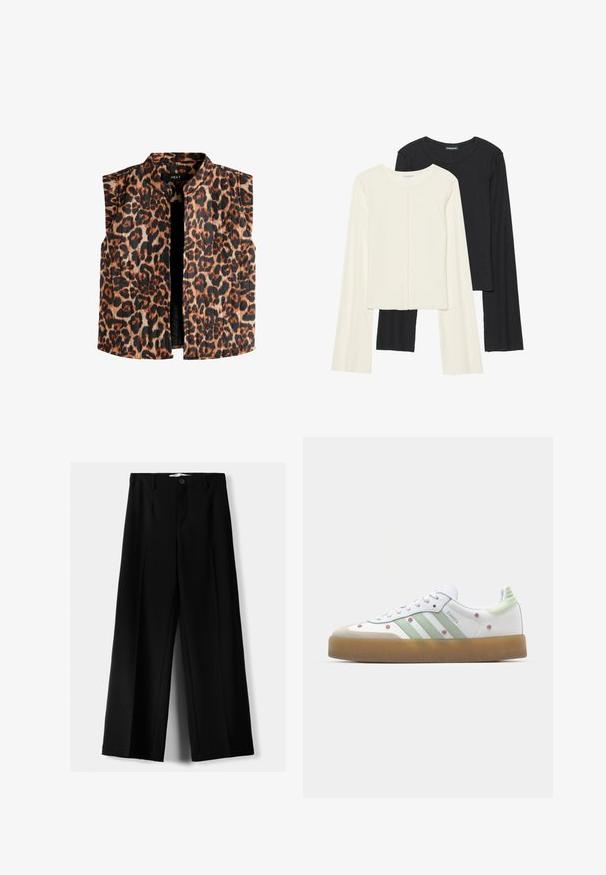 Gilet sans manches imprimé léopard avec un col montant, présentant des nuances de marron et de noir sur un fond clair et un ourlet droit.; Ensemble de deux hauts à manches longues en blanc et noir. Texture côtelée, col rond, design ajusté avec des manches légèrement évasées.; Pantalons larges noirs en tissu léger, avec une fermeture à bouton à l'avant et un devant plat, dotés d'ourlets soigneusement cousus.; Baskets blanches avec des accents verts, trois bandes, broderies florales et semelle en gomme. Dotées d'un bout arrondi et d'un système de laçage.
