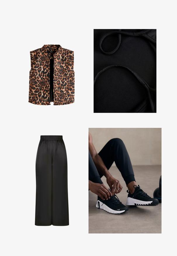 Žirafes raksts bez piedurknēm veste ar mandariņu apkakli, kurā ir brūnu un melnu toņu kombinācija uz gaismas fona, un taisns apakšmalas griezums.; Melnā peldēšanas auduma, kas izceļas ar gludu tekstūru, izliektiem siksniņām un plakaniem šuvēm, kas izstrādāts komfortam un elastībai lietošanas laikā.; Melni plaši bikses, izgatavotas no gludas, spīdīgas auduma, ar elastīgu jostu un bez redzamām kabatām vai aparatūras detaļām.; Melnas sporta kurpes ar strukturētu melnu virsu, baltu zoli un gumijas protektoru. Saiti ir sasietas, uzrādot elegantu dizainu un logo.