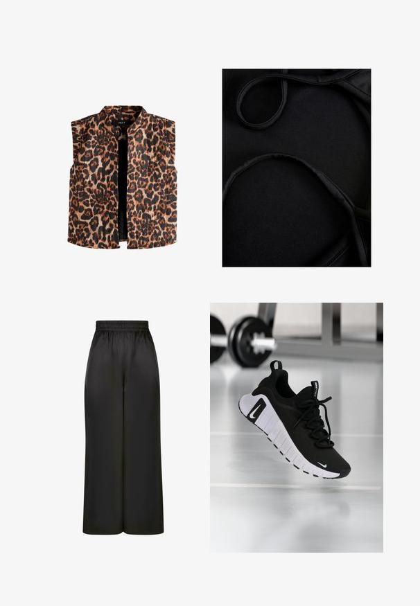 Mouwloze vest met panterprint en een mandarin kraag, in verschillende tinten bruin en zwart op een lichte achtergrond en met een rechte zoom.; Zwart zwemkledingstof met een gladde textuur, gebogen banden en platte naden, ontworpen voor comfort en flexibiliteit tijdens gebruik.; Zwarte wijde broek gemaakt van soepel, glanzend materiaal met een elastische tailleband en zonder zichtbare zakken of hardware-details.; Zwarte sportschoen met een textuurstof bovenwerk, witte zool en een opvallend vetersysteem. Voorzien van een Nike-logo en een zacht, gedempt ontwerp.