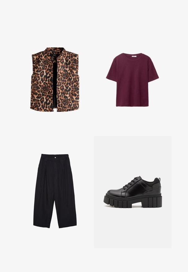 Vesta bez rukávov s leopardím vzorom a mandarínkovým golierom, ktorá obsahuje odtiene hnedého a čierneho na svetlom pozadí a má priame zakončenie.; Burgundské tričko s krátkym rukávom vyrobené z jemnej bavlny. Má klasický okrúhly výstrih a voľný strih. Jednoduchá textúra, bez vzorov alebo akcentov.; Čierne polyesterové culotte nohavice s elastickým pásom, dvoma prednými záhybmi a voľným strihom. Žiadne viditeľné vzory ani detaily z kovu.; Čierne kožené platformy s masívnym blokovým podpätkom, okrúhlou špičkou a tradičným šnurovaním. Má hladký povrch a minimálne detaily.