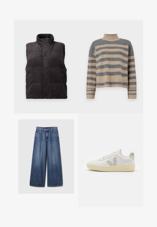 Gilet senza maniche in cotone a coste grigio scuro, imbottito, con colletto alto e tasche frontali, esposto su sfondo bianco.; Maglione a righe realizzato in maglia, nei colori grigio e beige, con collo alto, maniche larghe con polsini e una vestibilità rilassata con un design corto.; Jeans in denim blu a gamba larga con una finitura sbiadita, dotati di chiusura a bottone e zip, cinque tasche e passanti per cintura.; Sneaker in pelle bianca con dettagli in suede beige, punta perforata, lacci piatti e suola testurizzata color crema. Presenta un logo discreto sul tallone.