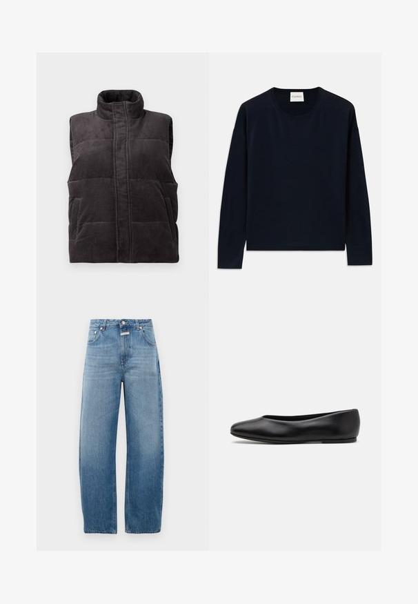 Tmavě šedá kordurová prošívaná bezrukávová vesta s vysokým límcem a předními kapsami, vystavená na bílém pozadí.; Námořnická modrá dlouhá rukávová tričko s kulatým výstřihem z měkké, hladké tkaniny s uvolněným střihem. Obsahuje žebrované manžety a lem, štítek na krku.; Svetle modré džínové kalhoty, s vysokým pasem a rovnými nohavicemi. Vybaveny klasickým pětioktovým designem a kovovým zapínáním.; Paul Smith TOPANGA - Klasické baleríny - black