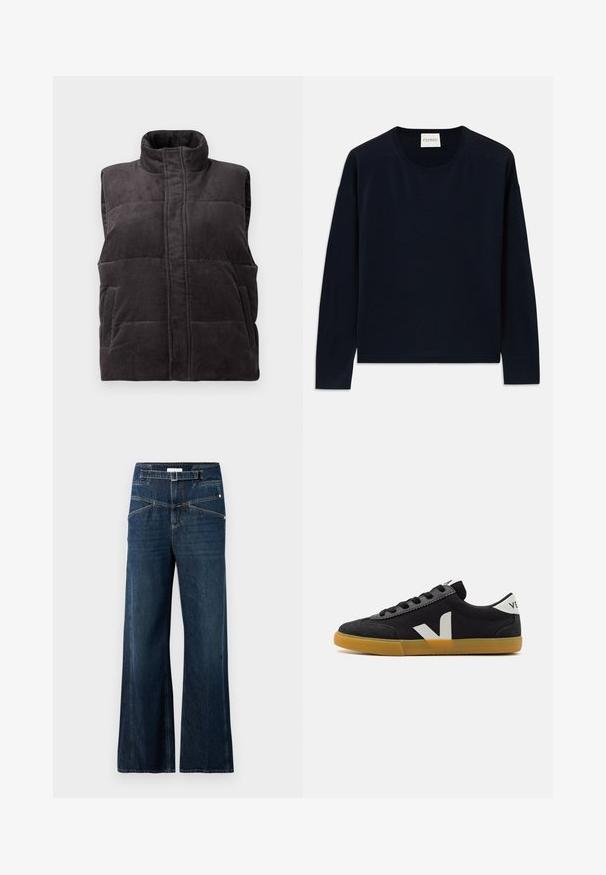 Dunkelgraue samtige, gepolsterte ärmellose Weste mit hohem Kragen und Fronttaschen, auf weißem Hintergrund präsentiert.; Navy langärmliges Rundhalsoberteil aus weichem, glattem Stoff mit lässiger Passform. Mit gerippten Bündchen und Saum sowie Label am Hals.; Weite Jeans aus dunkelblauem Denim mit hohem Bund, zwei Vorderaschen und kontrastierenden Nähten.; Veja VOLLEY - Sneaker low - black/white/natural
