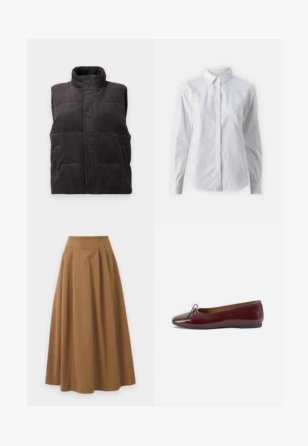 Dunkelgraue samtige, gepolsterte ärmellose Weste mit hohem Kragen und Fronttaschen, auf weißem Hintergrund präsentiert.; Weißes Hemd mit Knöpfen, aus glattem Baumwollstoff, mit klassischem Kragen, langen Ärmeln und abgerundetem Saum. Die Knöpfe sind klein und weiß.; Brauner Baumwoll-A-Linien-Rock mit hoher Taille, der vorne Falten aufweist und eine glatte Textur hat. Der Saum ist sauber und einfach verarbeitet.; Burgunderfarbenes, lackiertes Ballettschuh mit abgerundetem Zehenbereich, kleiner Schleifenakzent vorne und einer niedrigen, schwarzen Gummisohle. Glatte Textur.
