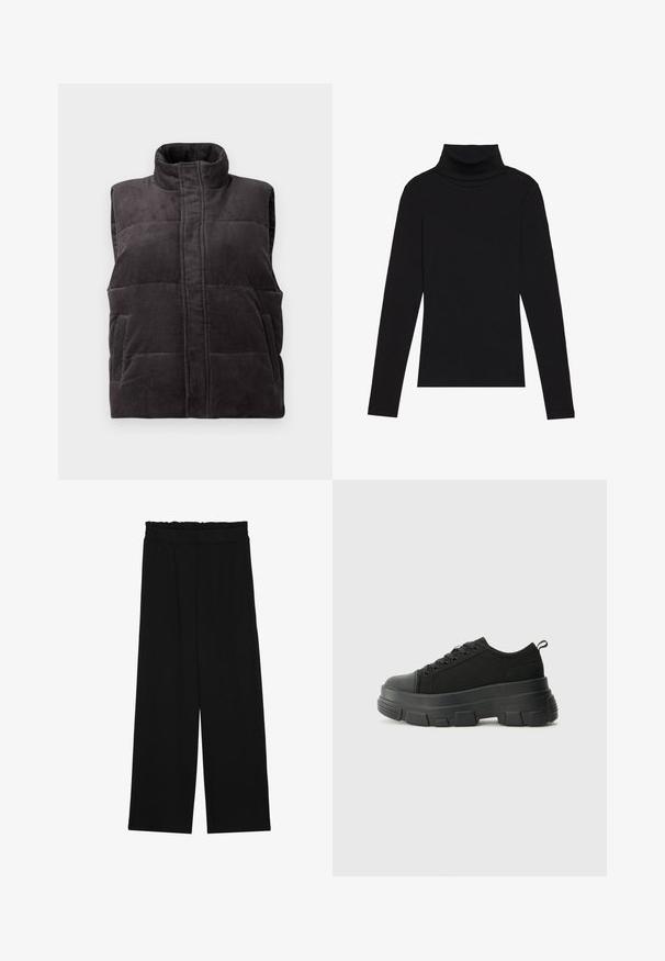 Tmavě šedá kordurová prošívaná bezrukávová vesta s vysokým límcem a předními kapsami, vystavená na bílém pozadí.; Černý rolák s dlouhým rukávem, vyrobený z žebrované látky, má upnutý střih s vysokým výstřihem a žádné vzory ani akcenty.; Černé široké nohavice s volánkovým pasem, které mají dvě boční kapsy a hladkou, lehkou tkaninu. Žádné viditelné vzory ani kovové prvky.; Černé tenisky s robustní gumovou podrážkou, vrchní část z texturované tkaniny, kulatá špička a šněrovací design. Obsahují zesílené okraje pro tkaničky a poutko na zadní straně.