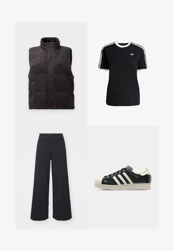 Tmavošedý opásaný bezrukávový vest s vysokým golierom a prednými vreckami, zobrazený na bielom pozadí.; Čierne bavlnené tričko s bielymi akcentmi na golieri a rukávoch, s tromi bielymi pruhmi na každom pleci a malým logom na hrudi.; Čierne širšie tepláky vyrobené z mäkkej látky, s elastickým pásom a malým logom na ľavej strane.; Čierne kožené tenisky s bielymi pruhmi, gumenou špičkou, čiernymi šnúrkami a krémovobielou podrážkou. Hladký povrch s lesklým finišom.