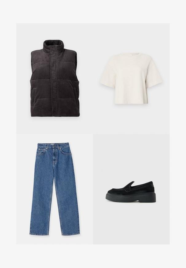 Temno siva kordirana brezrokavnik s podložitvijo, visokim ovratnikom in sprednjimi žepi, predstavljen na beli podlagi.; Kremna skrajšana majica narejena iz rebraste tkanine, z okroglim izrezom in kratkimi rokavi ter sproščenim krojem.; Modri kavbojki s širokim krojem, klasičnim dizajnom petih žepov in kovinskimi okraski. Na tkanini je prisotna lahka obraba.; Črne slip-on loafers s debelim podplatom, nizko peto in teksturiranim zgornjim materialom na enobarvni beli podlagi.