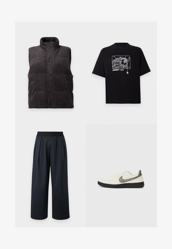 Dunkelgraue samtige, gepolsterte ärmellose Weste mit hohem Kragen und Fronttaschen, auf weißem Hintergrund präsentiert.; Schwarzes T-Shirt aus Baumwolle mit kurzen Ärmeln. Mit einem weißen Spinnennetz-Graphic und Logo auf der Vorderseite. Einfacher runder Ausschnitt.; Schwarze Hose mit weitem Bein, plissiertem Vorderteil, elastischem Bund und glatter Stofftextur. Verfügt über eine lockere Passform und eine verkürzte Länge.; Nike Sportswear FIELD GENERAL - Sneaker low - off-white/black
