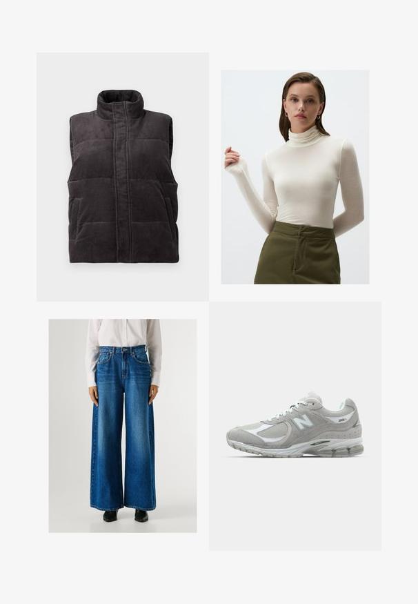 Ciemnoszara, pikowana, bezrękawnik z wysokim kołnierzem i przednimi kieszeniami, zaprezentowany na białym tle.; Dzianinowy, kremowy golf z długim rękawem wykonany z lekkiego materiału; dopasowany krój o subtelnym połysku i wydłużonych rękawach; zestawiony z oliwkowymi spodniami.; Niebieskie dżinsy o szerokich nogawkach i wysokim stanie, wykonane z denimu, z przednimi kieszeniami i zapięciem na guzik. Gładka faktura o klasycznym wykończeniu.; Jasnoszare sneakersy New Balance 2002R mają zamszową i siateczkową cholewkę, białe akcenty, amortyzowaną podeszwę oraz widoczną technologię amortyzacji.