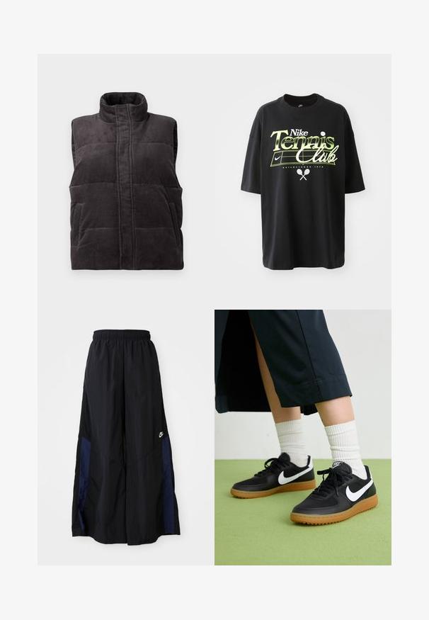 Dunkelgraue samtige, gepolsterte ärmellose Weste mit hohem Kragen und Fronttaschen, auf weißem Hintergrund präsentiert.; Schwarzes Baumwoll-T-Shirt mit kurzen Ärmeln, das ein grünes und weißes "Nike Tennis Club"-Grafikdesign sowie Illustrationen eines Tennisballs und eines Schlägers zeigt.; Schwarze weit geschnittene Hose aus leichtem Stoff, mit einem dunkelblauen Seitenpanel und einem elastischen Bund. Kleines weißes Logo am unteren Ende.; Schwarze Leder- und synthetische Sneakers mit weißem Nike-Swoosh, Gummisohle, runder Spitze und schwarzen Schnürsenkeln. Gestreifte weiße Socken sind sichtbar.