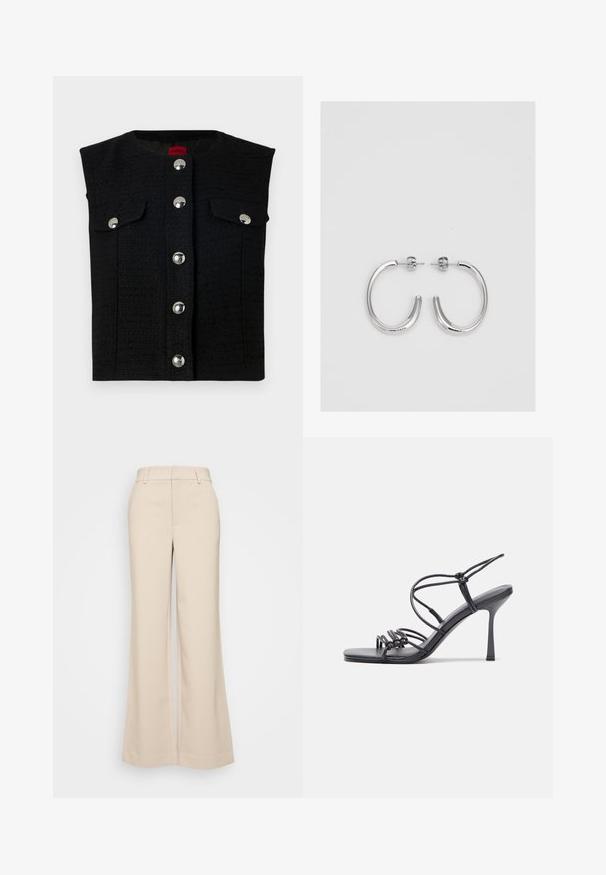 Vest texturat negru cu guler rotund, nasturi metalici argintii pe față și două buzunare la piept. Captuseală interioară netedă.; Top negru cu mânecă scurtă, tip turtleneck, realizat dintr-un material ușor, cu o textură fină și o formă ajustată, având un gât înalt.; Pantaloni bej cu croi larg, cu o textură netedă, având o talie înaltă și două buzunare frontale. Design curat cu o croială adaptată.; Sandale negre cu toc înalt au curele subțiri cu un design legat, un vârf pătrat neted și un toc stiletto elegant.; Cercei rotunzi din argint cu un finisaj neted și strălucitor. Design ușor, având o formă rotundă și închidere cu tijă.