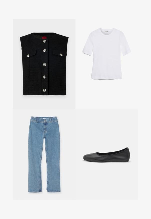 Černá texturovaná vesta s kulatým výstřihem, stříbrnými patentkami vpředu a dvěma kapsami na hrudi. Hladká vnitřní podšívka.; Bílá tričko s krátkým rukávem vyrobené z žebrované tkaniny. Kulatý výstřih, normální střih a jemné detaily šití. Bez vzorů nebo grafik.; Světlé modré džíny rovného střihu s knoflíkovým a zipovým zapínáním, poutky na opasek a standardním švem na bílém pozadí.; Černé kožené baletní byty s kulatou špičkou, hladkou texturou, minimálními švy a flexibilním designem podrážky.