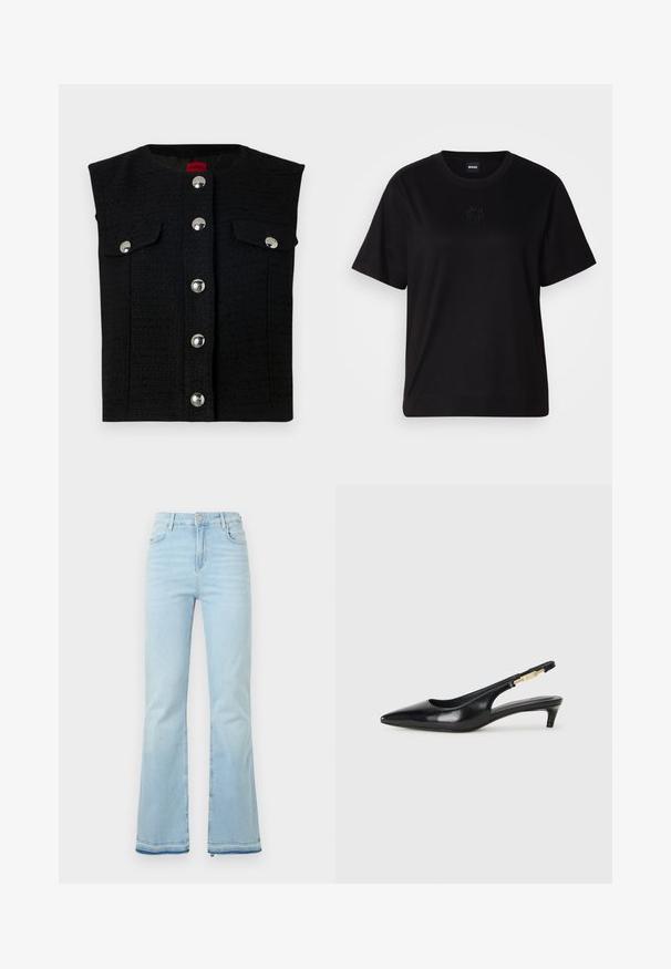 Gilet noir à texture avec un col rond, boutons-pression en argent sur le devant et deux poches poitrine. Doublure intérieure lisse.; T-shirt en coton noir avec un col rond, des manches courtes et un logo brodé sur la poitrine. Coupe simple et décontractée sans motifs.; Jean flare bleu clair en denim, avec une taille haute, des poches avant et un ourlet brut au niveau des poignets pour un look décontracté.; Talons hauts en cuir noir avec un bout pointu, dotés d'un talon fin et d'un accent en ton or sur la lanière réglable. Texture lisse.