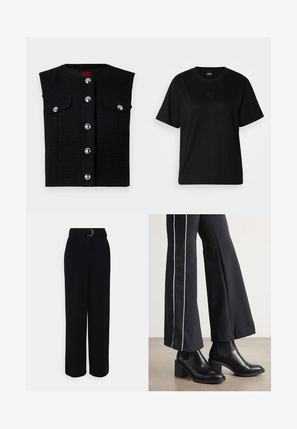 Sort, textured vest med rund halsudskæring, sølvfarvede trykknapper ned foran og to brystlommer. Glat inderfor.; Sort bomulds t-shirt med rund halsudskæring, korte ærmer og et broderet logo på brystet. Enkel, afslappet pasform uden mønstre.; Sorte skræddersyede bukser med en bredbenet silhuet, der har et bælte med en sølvfarvet spænde, plisseringer og en glat stofoverflade.; Sorte læder ankelstøvler med blokhæle, udstyret med elastiske sidepaneler. Kombineret med sorte bukser, der har en hvid side stripe.