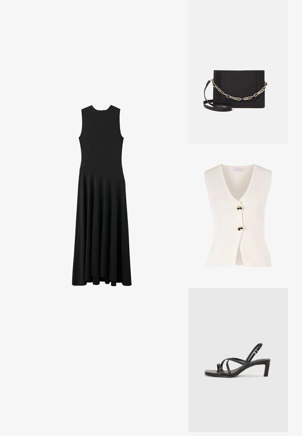 Cardigan bianco senza maniche con scollatura a V e bottoni dorati sul davanti. Realizzato in un materiale testurizzato, presenta una forma aderente e un'apertura frontale.; Abito maxi senza maniche nero con busto aderente e gonna svasata, caratterizzato da una texture liscia e un design minimalista, senza chiusure visibili.; Sandalo nero con cinturini, dalla punta squadrata e tacco basso a blocco. Presenta diversi cinturini sottili e una cinturini regolabile alla caviglia. Realizzato in pelle liscia.; Borsa a tracolla nera in pelle con una texture liscia, forma rettangolare e dettaglio in catena metallica sul davanti. Inclusa una tracolla regolabile.
