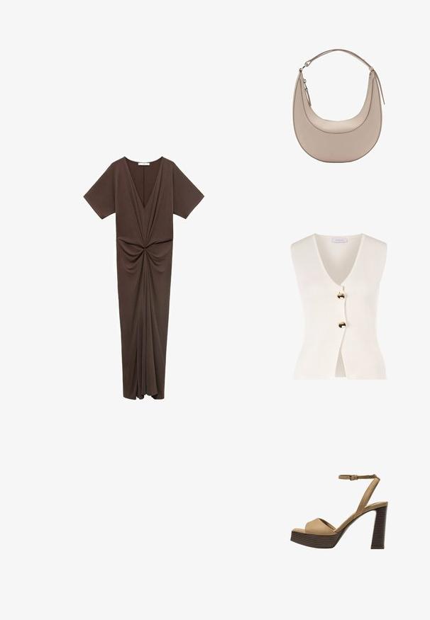 Biely bezrukávový kardigán s výstrihom do V a zlatými gombíkmi vpredu. Vyrobený z textilného materiálu, má priliehavý strih a otvorený predok.; Hnedé šaty po kolená z jemného materiálu s hlbokým V-výstrihom, krátkymi rukávmi a zberaním v oblasti pása. Hladká textúra.; Bežové semišové sandále na vysokom opätku s širokým predným pásom a pásikom okolo členka, ktoré majú masívny drevený blokový opätok s textúrovaným povrchom.; Béžová kožená taška cez rameno s polkruhovým tvarom, hladkou textúrou a jedným zakriveným uchom. Obsahuje zipsové uzatváranie a úhľadné švy.
