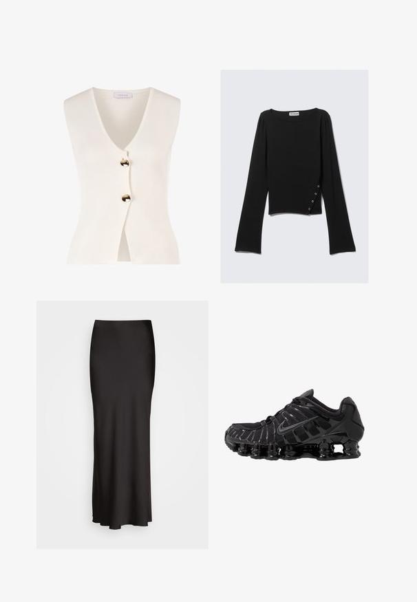 Bela brezrokavna kardigan s V-izrezom in zlatimi gumbi spredaj. Narejen iz teksturiranega materiala, ima prilegan kroj in odprt sprednji del.; Črni dolgi rokavi vrh iz gladkega blaga, ki ima čolnasti izrez, skrajšano dolžino in stranski detajl s srebrnimi gumbi.; Črna, dolga satenska krila z gladko teksturo, prilegajoč pas in A-linijo, brez vidnih okraskov ali vzorcev.; Črne atletske čevlje z mrežasto zgornjico in sijočimi detajli. Imajo ukrivljeno podložitev iz vzmeti in teksturirane linije na strani. Logotip Nike je viden.