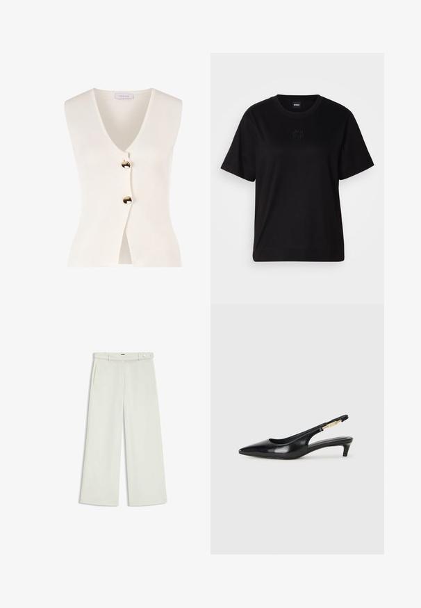 White sleeveless cardigan with a v-neck and gold buttons at the front. Made from a textured material, it features a fitted shape and open front.; Black cotton t-shirt with a crew neckline, short sleeves, and an embroidered logo on the chest. Simple, relaxed fit with no patterns.; Wide-leg pants in light cream fabric, featuring side pockets, a flat front, and a single button closure at the waist. Smooth texture.; Black leather slingback heels with a pointed toe, featuring a slim heel and a gold-tone accent on the adjustable strap. Smooth texture.