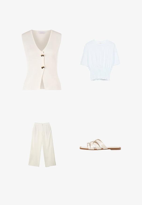 Gilet sans manches blanc avec un col en V et des boutons dorés à l'avant. Fabriqué dans un matériau texturé, il présente une coupe ajustée et une ouverture devant.; T-shirt blanc à manches courtes avec une coupe décontractée et une texture froncée à la taille. Fabriqué en tissu doux et léger.; Pantalons à jambes larges en tissu crème avec une texture lisse, dotés d'un seul bouton à l'avant, de plis subtils et d'un design taille haute.; Sandales plates avec une semelle en caoutchouc beige, conçues avec trois brides en cuir blanc se chevauchant et un petit nœud au centre.