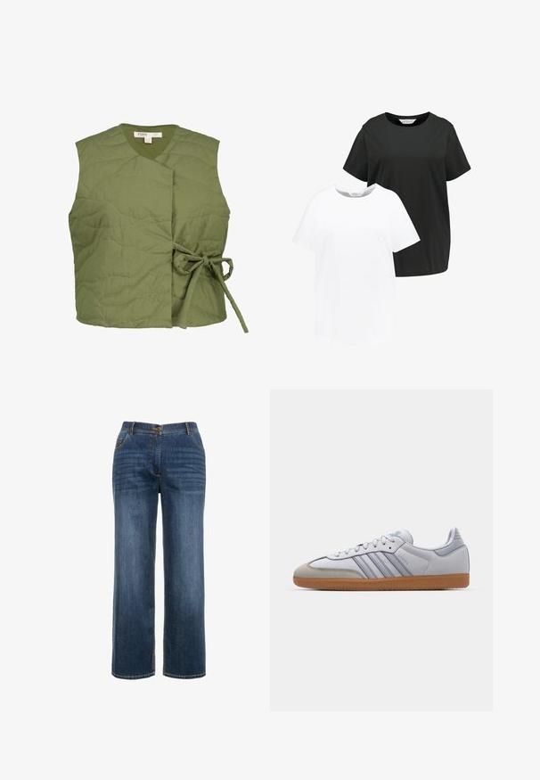 Olivgrüwest gestepptes Weste mit Wickeldesign, das eine Bindeschnur an der Seite aufweist. Glatte Textur mit dezenten Wellenstichdetails.; Zwei Rundhals-T-Shirts in Schwarz und Weiß. Kurzarm, aus weichem Baumwollstoff, gerade geschnitten mit lockerer Passform.; Dunkelblaue Denim-Jeans mit geradem Schnitt, Vordertaschen, Reißverschluss und sichtbaren kontrastierenden Nähten.; Weiße Ledersneaker mit hellblauen Akzenten, grauem Wildlederzehen und einer braunen Gummisohle. Verfügt über drei blaue Streifen und "Samba"-Branding.