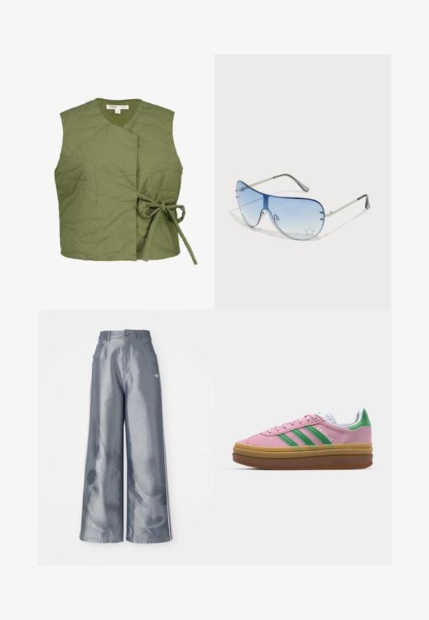 Olivgrüwest gestepptes Weste mit Wickeldesign, das eine Bindeschnur an der Seite aufweist. Glatte Textur mit dezenten Wellenstichdetails.; Teal Baumwoll-T-Shirt mit gelbem geripptem Kragen und Ärmeln. Mit großem gelben Text: "Sportmanufaktur adidas HERZOGENAURACH" und Logo.; Weite Hose aus glänzendem grauem Material, ausgestattet mit weißen seitlichen Streifen und einem Flammenmuster an den Unterschenkeln. Knopf- und Reißverschlussverschluss an der Taille.; Rosa Wildledersneaker mit grünen Streifen, weißen Akzenten und einer braunen Gummisohle. Verfügt über strukturierten Stoff und Logodetails an der Seite.; Flugzeugbrille mit einem verlaufenden blauen Glase, silbernem Metallrahmen und dekorativen Sternelementen auf dem Glas. Glattes und elegantes Design.