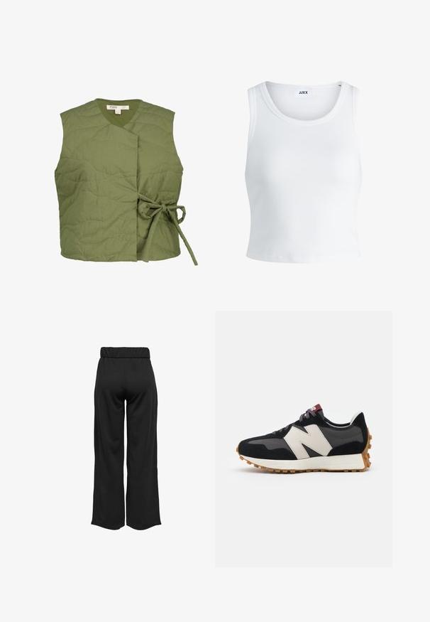 Olivově zelená prošívaná vesta s obalem, se zavíráním na straně pomocí kravaty. Hladká textura s jemnými vlnkovými stehy.; Bílý žebrovaný top na ramínka se kulatým výstřihem, bez rukávů a zkrácenou délkou. Název značky je "JJXX." Hladká struktura látky.; Černé široké kalhoty s elastickým pasem, vyrobené z hladkého materiálu. Disponují čistým designem bez kapes nebo viditelných švů.; Černé a šedé semišové tenisky s velkým krémovým logem "N", fialovými tkaničkami a strukturovanou gumovou podrážkou.