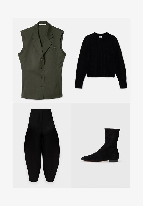 Ärmelswestes in dunklem Grün mit figurbetontem Design, ausgestattet mit einem Reverskragen, fünf Knöpfen auf der Vorderseite und einer Brusttasche mit Logodetail.; Schwarzer, kurzer Pullover aus plüschigem Material. Mit einem runden Ausschnitt und langen Ärmeln mit einer weichen Textur. Minimalistisches Design, keine Muster.; Schwarze weit geschnittene Hose mit hoher Taille, gefaltetem Vorderteil und schmal zulaufenden Knöcheln. Hergestellt aus glattem Stoff mit matter Oberfläche.; Schwarze Wildleder-Ankelboots mit einem enganliegenden Schaft, spitzer Zehenform und niedrigem Blockabsatz. Glatte Textur und minimalistisches Design, geeignet für vielseitige Styles.