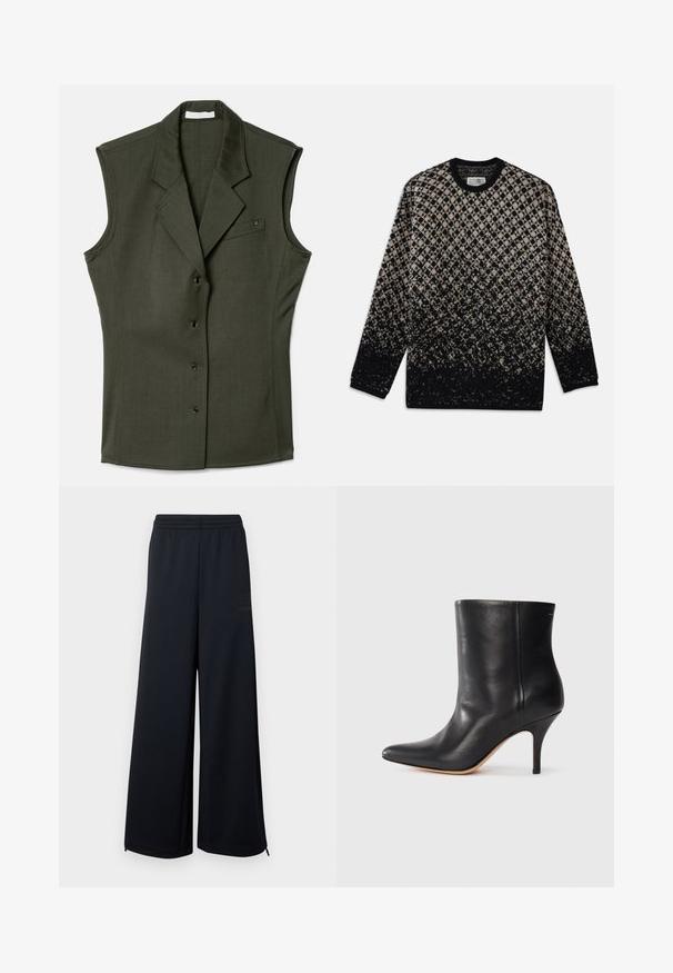 Ermeløs, mørkegrøn vest med en tætsiddende design, der har en krave med klippede kanter, fem frontknapper og en brystlomme med et logo-detalje.; Striktrøje med et diamantmønster i beige og sort, med en gradvis farveovergang. Rund hals og lange ærmer. Blød tekstur.; Sorte vidde meshbukser med elastisk talje og små lynlåsdetaljer ved sømmene, præsenteret mod en hvid baggrund.; Sort læder ankelstøvle med spids tå, slank stiletthæl og glat tekstur. Minimalistisk design uden synligt hardware eller accenter.