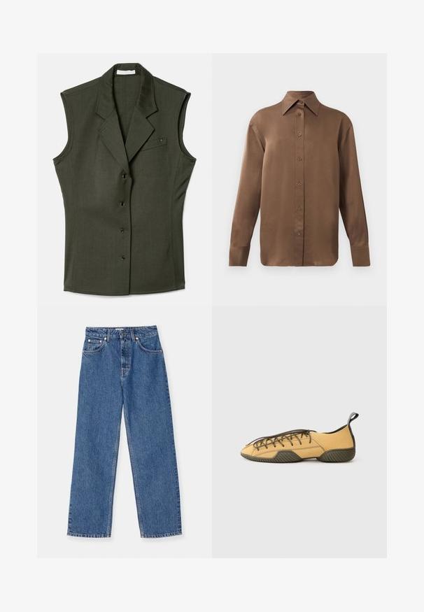 Mouwloos donkergroen vest met een aangesloten ontwerp, voorzien van een aangeknipte kraag, vijf knopen aan de voorkant en een borstzak met een logo-detail.; Bruine overhemd met lange mouwen en knopen, voorzien van een spitse kraag en manchetten, op een eenvoudige witte achtergrond weergegeven.; Blauwe denim jeans met een wijde pijp, klassiek vijf-pocketdesign en metalen hardwareaccenten. Lichte slijtage op de stof aanwezig.; Gele suede veterschoen met een donkergroene rubberen zool en hielband, zijaanzicht op een lichtgrijze achtergrond.