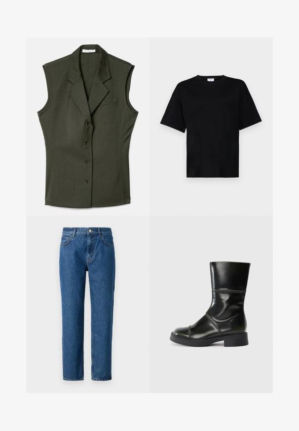 Slleveleta tume roheline vest, millel on vormiv disain, sartud krae, viis esimest nuppu ja rinna tasku, millel on logo detail.; Must t-särk lühikeste varrukatega, mugavas lõikes, pehmest kangast, ümmarguse kaelusega ja ilma silmapaistvate mustrite või aktsentideta.; Sinised denim püksid sirge lõikega, millel on nupuga sulgemine, vöökohad ja ees olevad taskud. Valmistatud tekstureeritud puuvillast kangast.; Must musta nahkasaapad ümarate varvastega, siledat viimistlust, kontrastse õmbluse ja ploki kontsaga, millel on veidi kitsenev siluett.